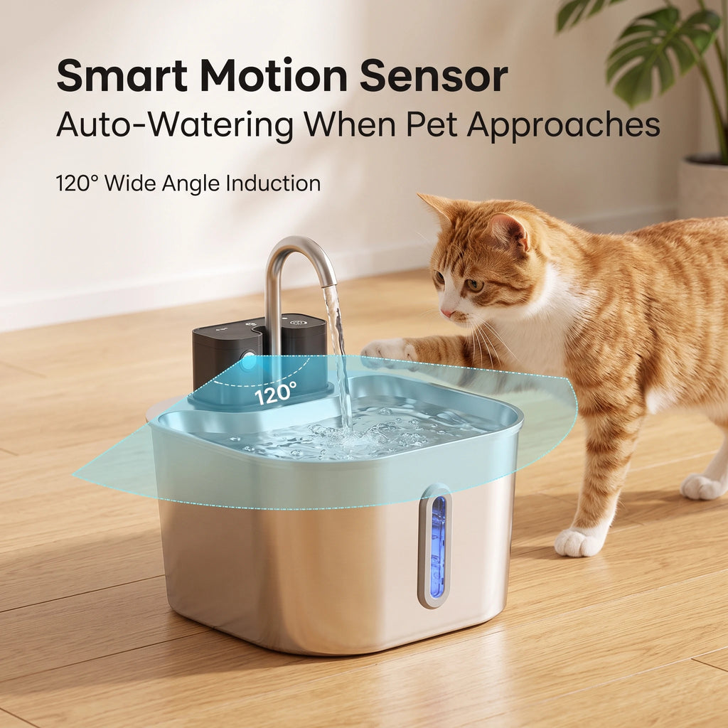 2L Wireless Smart Pet Fountain Stainless Steel Cat Dog Water Dispenser Motion Sensor Rechargeable Auto Drink Bowl( No 5V 1A Plug