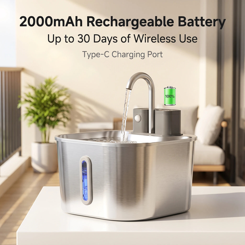 2L Wireless Smart Pet Fountain Stainless Steel Cat Dog Water Dispenser Motion Sensor Rechargeable Auto Drink Bowl( No 5V 1A Plug