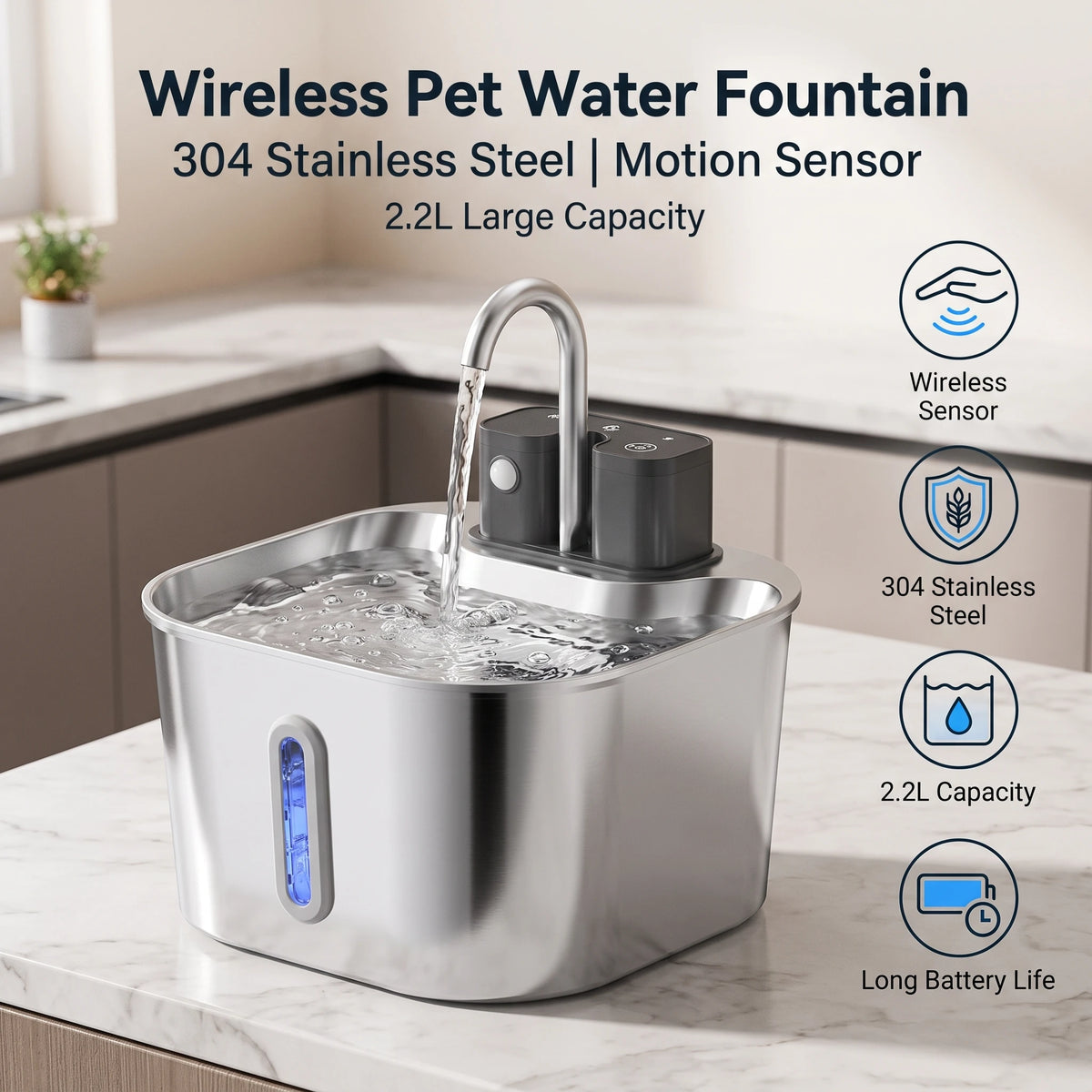 2L Wireless Smart Pet Fountain Stainless Steel Cat Dog Water Dispenser Motion Sensor Rechargeable Auto Drink Bowl( No 5V 1A Plug